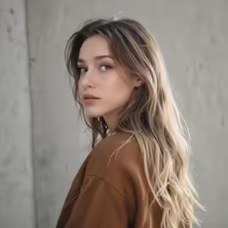 a beautiful young woman standing near a cement wall