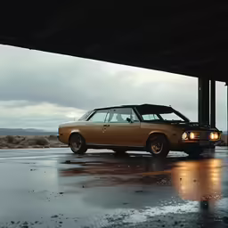 a tan car with an engine in the middle of an intersection