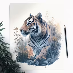 a tiger is sitting next to a green plant