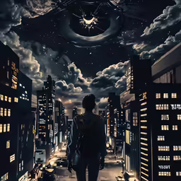 a person in a sci - fi world looking at the sky