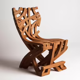an intricately constructed wooden chair sits on the white floor