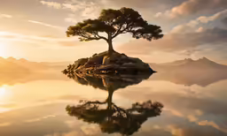 a lone tree standing on an island with water