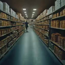 a warehouse with rows of shelves full of goods
