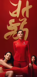 two young women posing in front of a red background