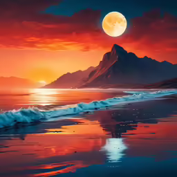 a beautiful sunset, featuring mountains and waves