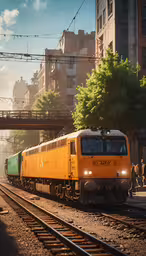 a freight train passes under a bridge on a track,the train engine has some carts loaded into it