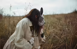 the woman with the long coat is holding a cow