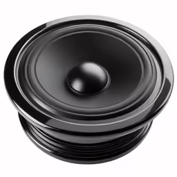 the front side of a black speakers, with a large metal circular base