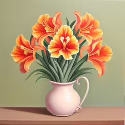 a vase with orange flowers sitting on a table,oil painting of a vase with yellow flowers,a painting of a white pitcher filled with yellow flowers,this is an image of an oil painting of flowers in a white vase,a painting of orange and yellow flowers in a white jug