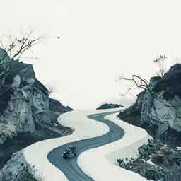 a vehicle drives down a snow - covered mountain road