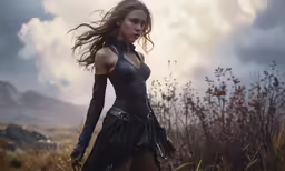a beautiful young woman standing in a field of tall grass