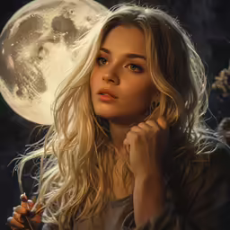 a blonde woman is smoking in front of the moon