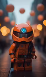 a lego man has orange helmets on in the street