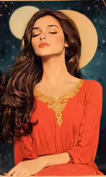 woman with crescent moon in background and gold embellishment