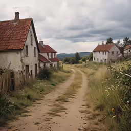 a dirt road in front of several old houses