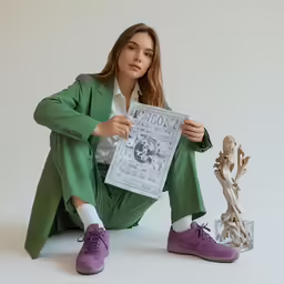 the woman is kneeling down while holding up her newspaper