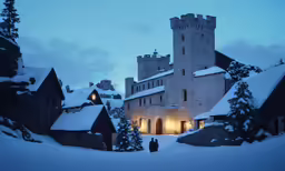 a snow covered castle surrounded by buildings at dusk