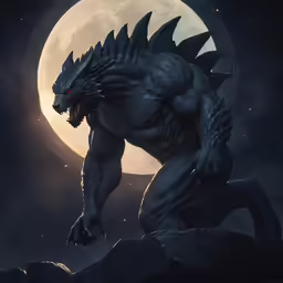 a demonic looking godzilla standing next to a full moon