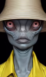 a computer generated image of an alien with red eyes