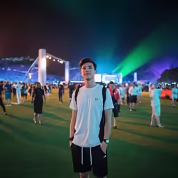 a male college student at night standing on the soccer field
