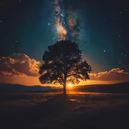 a lone tree is silhouetted against a milky night