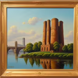 a painting of a water body with large towers,a painting of some sort by a river