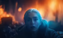a woman with blonde hair wearing a green jacket looking up at something with fire in the background
