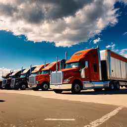 a large truck has several other trucks parked in a row on the street,semi trucks lined up in a row against a blue sky