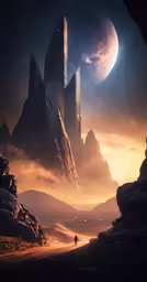 a digital artwork depicts planets and a person standing in the background