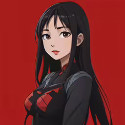 a woman with long black hair wearing a red shirt