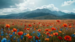 a field with lots of tall grass and orange flowers