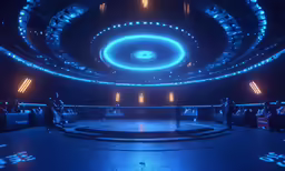 a man standing in the center of a room surrounded by people