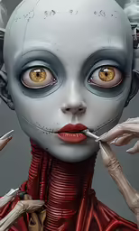 a woman with eyes full of yellow eyes and a skeleton