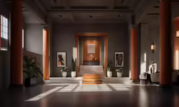 a woman sits on steps at the end of an elegant lobby