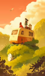 a painting shows people standing on the roof of an rv