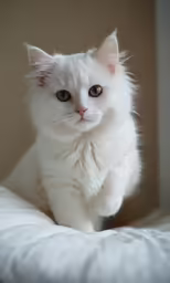 a fluffy white cat sitting down on a bed