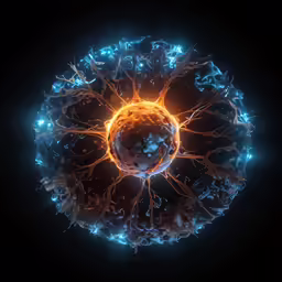 an orange and blue circle with many bright spots