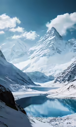 a blue water surrounded by snow covered mountains