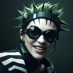 the woman is wearing sunglasses and holding up a black headband