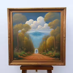a painting of a large blue moon shining above a rural scene,a painting of a bright and serene landscape