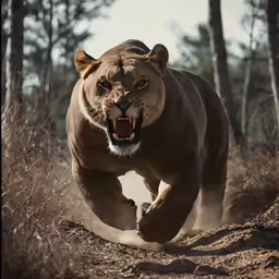 a tiger running through a forest on a sunny day