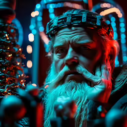 man dressed up as santa clause standing by a christmas tree