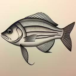 drawing of a fish on paper of some sort,a pencil drawing of a small, fish with a black stripe around its head