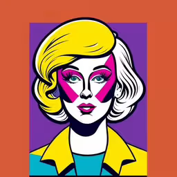 the art of colorful paintings, including the female face with pink and blue makeup,a painting with a woman