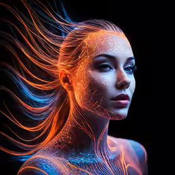 a woman with long hair and luminous makeup