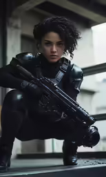 the woman in black uniform crouches next to a rifle