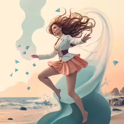 an image of a girl with flying hair on the beach