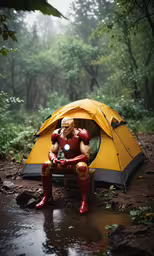 iron man sits in a tent while waiting for someone to set up it,the iron man sits next to his yellow tent