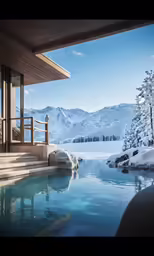 snow covered mountains sit across the river from a modern villa