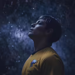 the man is staring upward with a dark background